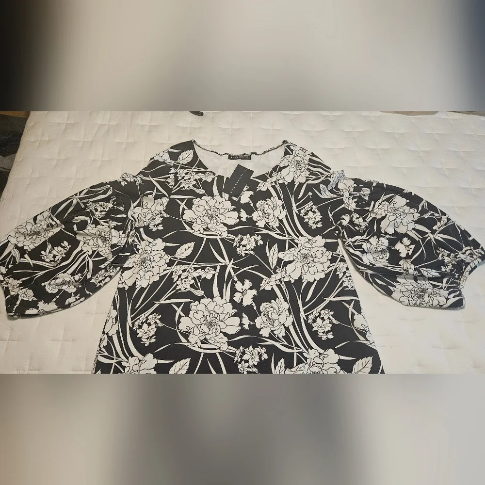 NWT Bryn Walker Floral Print Round Neck Long Sleeve Lantern Dress:Black/White:XL - Picture 7 of 16